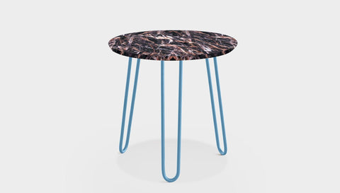 reddie-raw round side table 35dia x 45H *cm / Stone~Black Veined Marble / Metal~Blue Willy Side Table Round