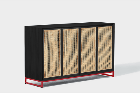reddie-raw storage cupboard 150W x 45D x 90H *cm / Wood Teak~Black / Metal~Red NCW Rattan Buffet Storage Unit