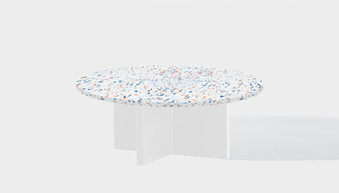 reddie-raw round side table 90dia x 35H *cm / Recycled bottle tops~Palette blue and pink / Solid Reclaimed Wood Teak~White Bob Coffee Table Round- Recycled Bottle Tops