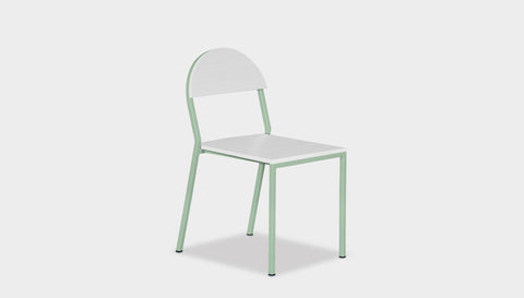 reddie-raw dining chair 42W x 52D x 80H *cm (45H seat) / Lacquer~White / Metal~Mint Suzy Stackable Dining Chair Round- Colour
