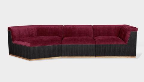 reddie-raw sofa 3 PIECE SOFA 316W x 122D x 73H (43H seat) *cm / Fabric~Velma Wine / Wood Veneer~Black Dylan Sofa