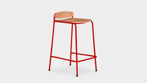reddie-raw stool 55 W x 54 D x 91 H *cm (75 H seat) / Wood Veneer~Teak / Metal~Red Kami Stackable Bar Stool