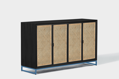 reddie-raw storage cupboard 150W x 45D x 90H *cm / Wood Teak~Black / Metal~Blue NCW Rattan Buffet Storage Unit