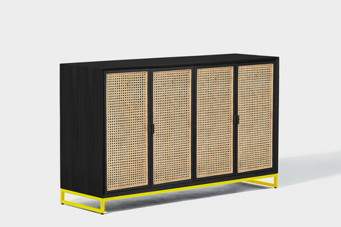 reddie-raw storage cupboard 150W x 45D x 90H *cm / Wood Teak~Black / Metal~Yellow NCW Rattan Buffet Storage Unit