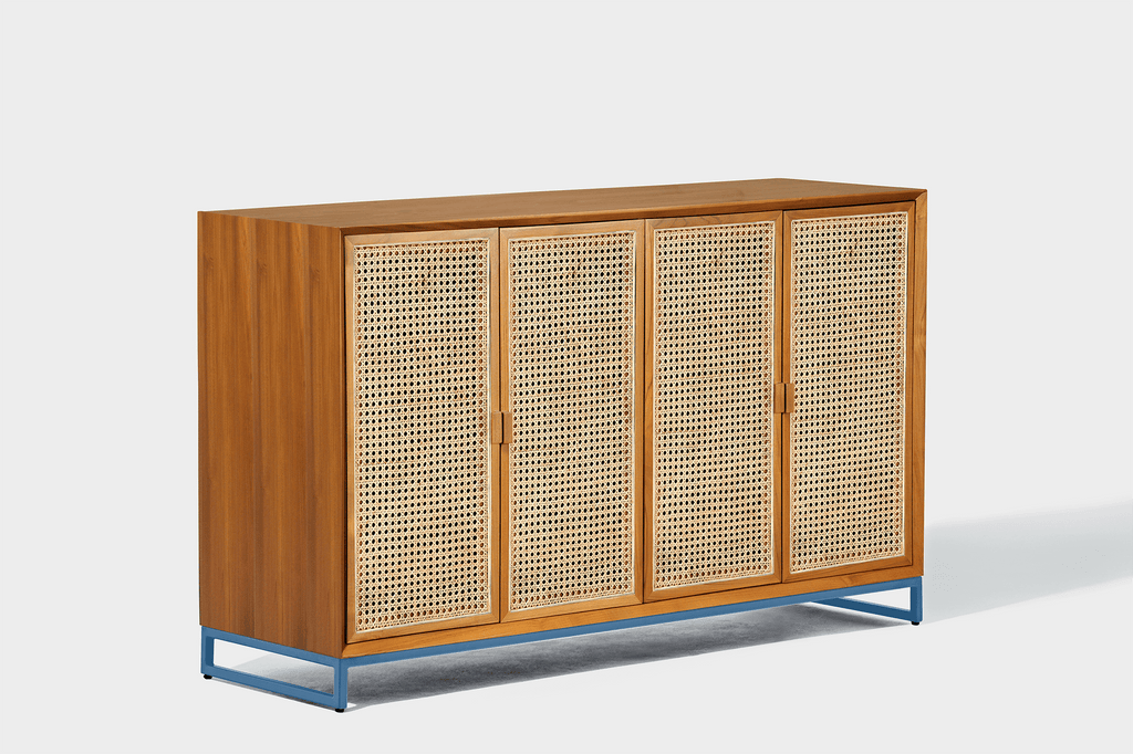 reddie-raw storage cupboard 150W x 45D x 90H *cm / Wood Teak~Natural / Metal~Blue NCW Rattan Buffet Storage Unit